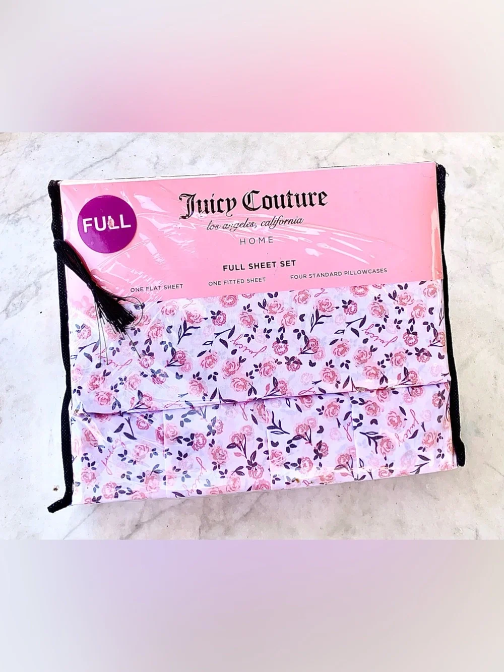 JUICY COUTURE Pink Floral Sheet Set FULL Coordinating 4 STANDARD Pillowcases NEW